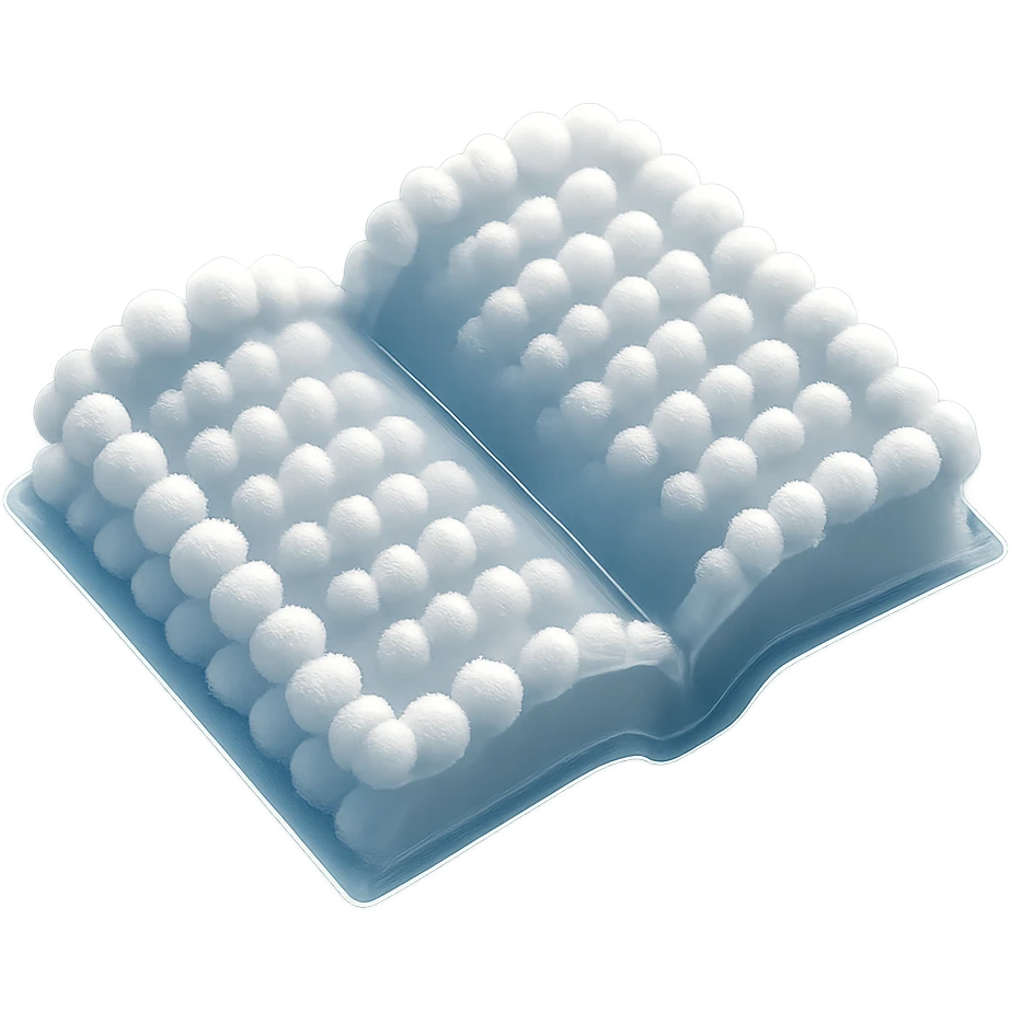 top view of a thick open book made entirely of small, very bright white fluffy convex clouds, matte glass style emoji