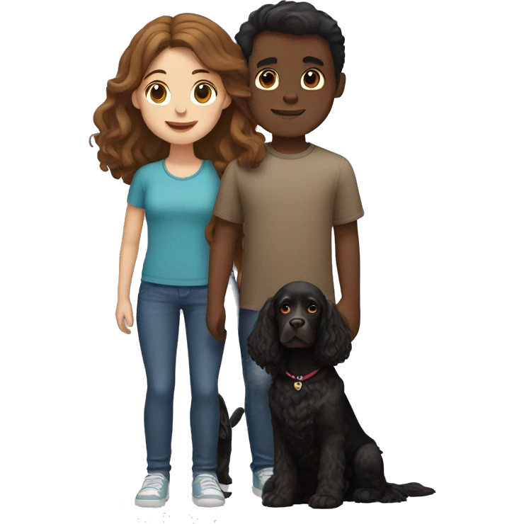 brown-haired girl and brown-haired boy with a black cocker spaniel emoji