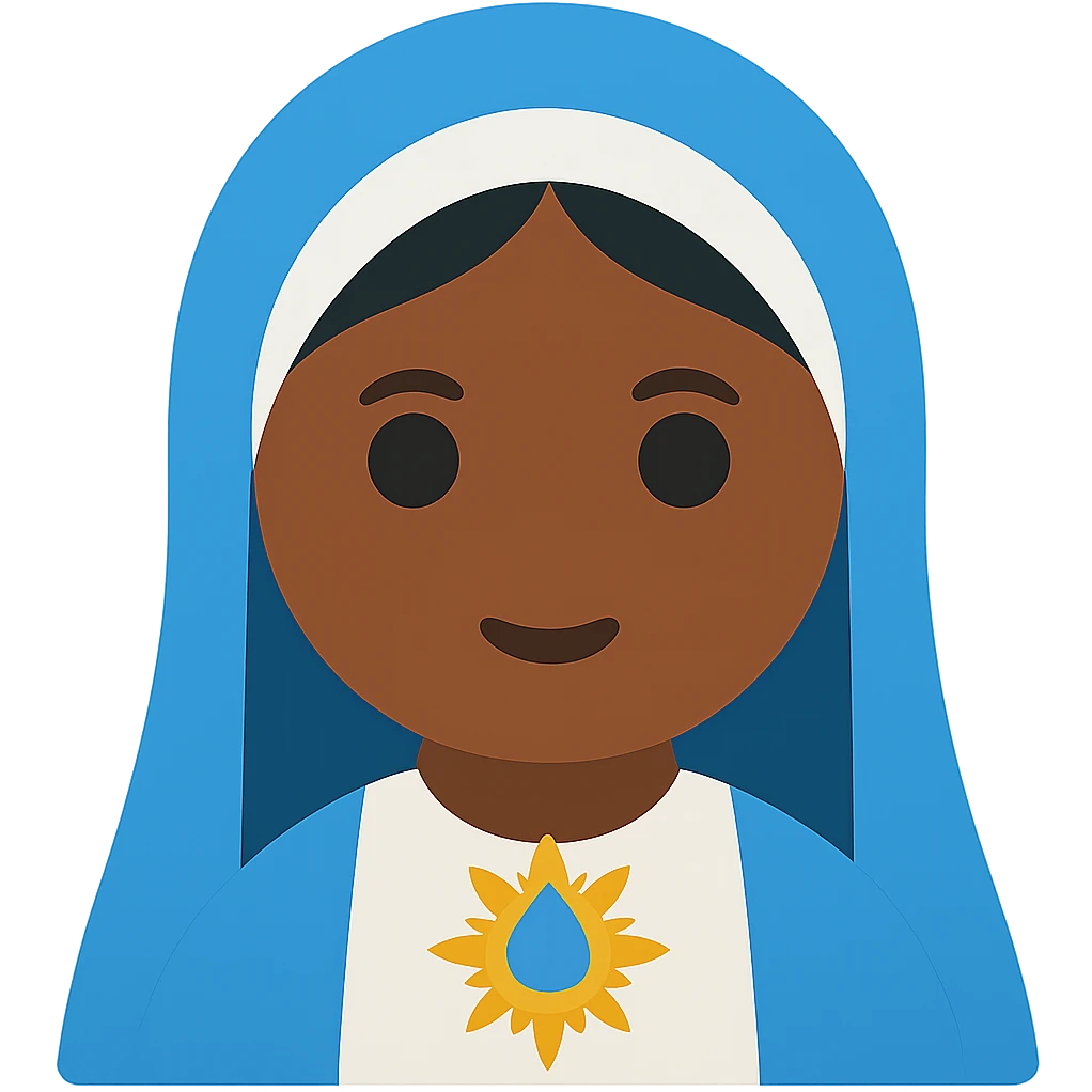 Edit the image of Virgin Mary to have deep tanned skin with simplified emoji traits, a round face, minimal details, large eyes, and a small mouth. Remove the background. The style should resemble a simplified emoji look with minimal details and a clean appearance. emoji