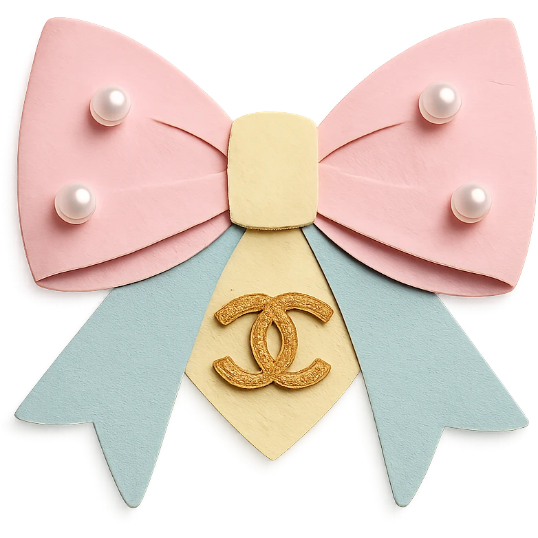 elegant bow with pearls and gold Chanel logo, glossy, pastel colors emoji