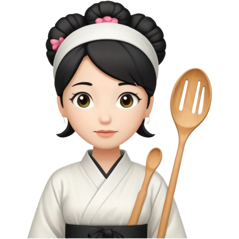 middle age mom with black bun wearing white home kimono and white apron emoji