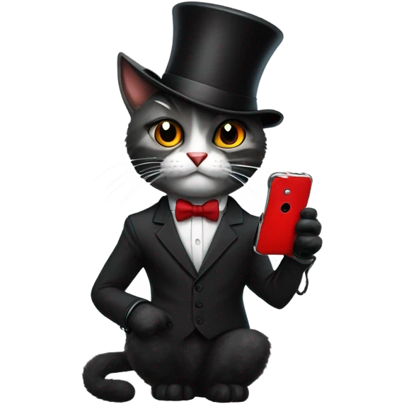 Cat with a top hat wearing a suit and tie and black ripped jeans with a fluffy tail and sharp claws and fingerless gloves while holding a red phone emoji