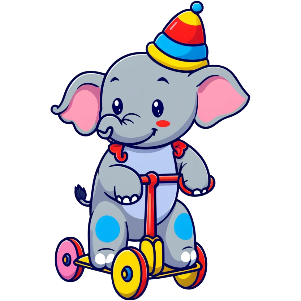 Comical gray elephant wearing a clown hat riding a small colorful tricycle emoji