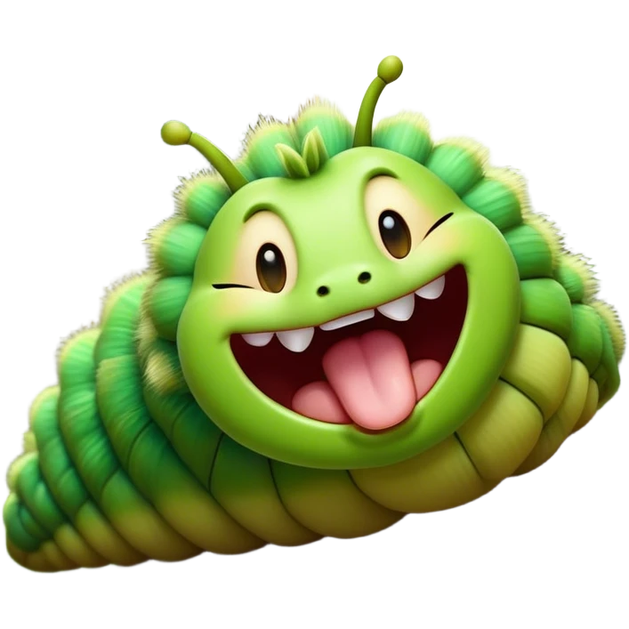 Cinematic Realistic Cute Yawning Caterpillar Portrait Emoji, Head tilted slightly with a dramatic, wide-open yawn, showcasing a soft, downy segmented body in vivid green with subtle drooping and half-closed, drowsy eyes, rendered with intricate natural texture and gentle shadows, high shine, relaxed yet expressive, styled with a dash of woodland charm, soft glowing outline, capturing the essence of a sleepy yet affectionate caterpillar that appears ready to stretch out and rest among the leaves! emoji