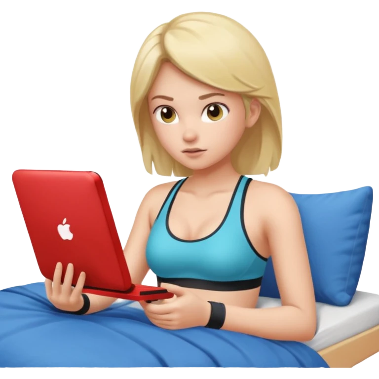 a girl in no pants sitting on her bed, in a sports bra, playing a video game emoji