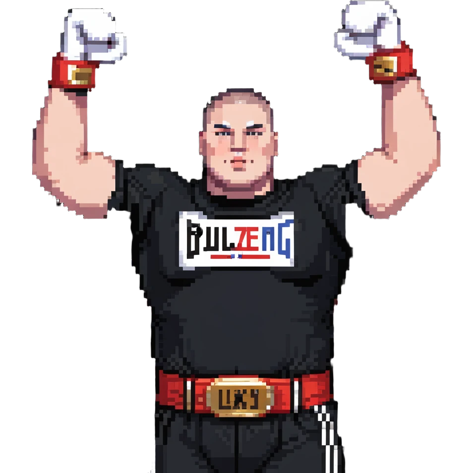 white man with dark hair, dark eyes, buzzcut faded haircut, overweight 100kg boxer, chubby face, stocky build, wearing full black clothes, black adidas boxing gloves, victory pose with arms raised, holding championship belt, upper body only no legs visible, highly pixelated emoji