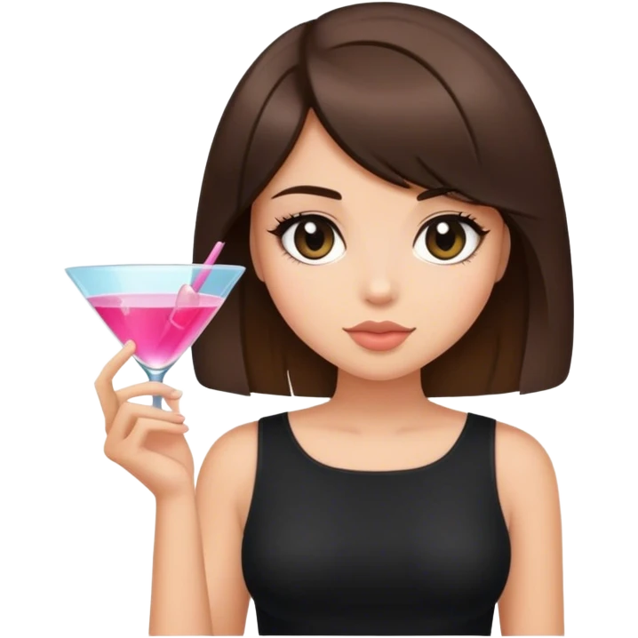 brunette hair down bob girl black top holding a cosmo emoji