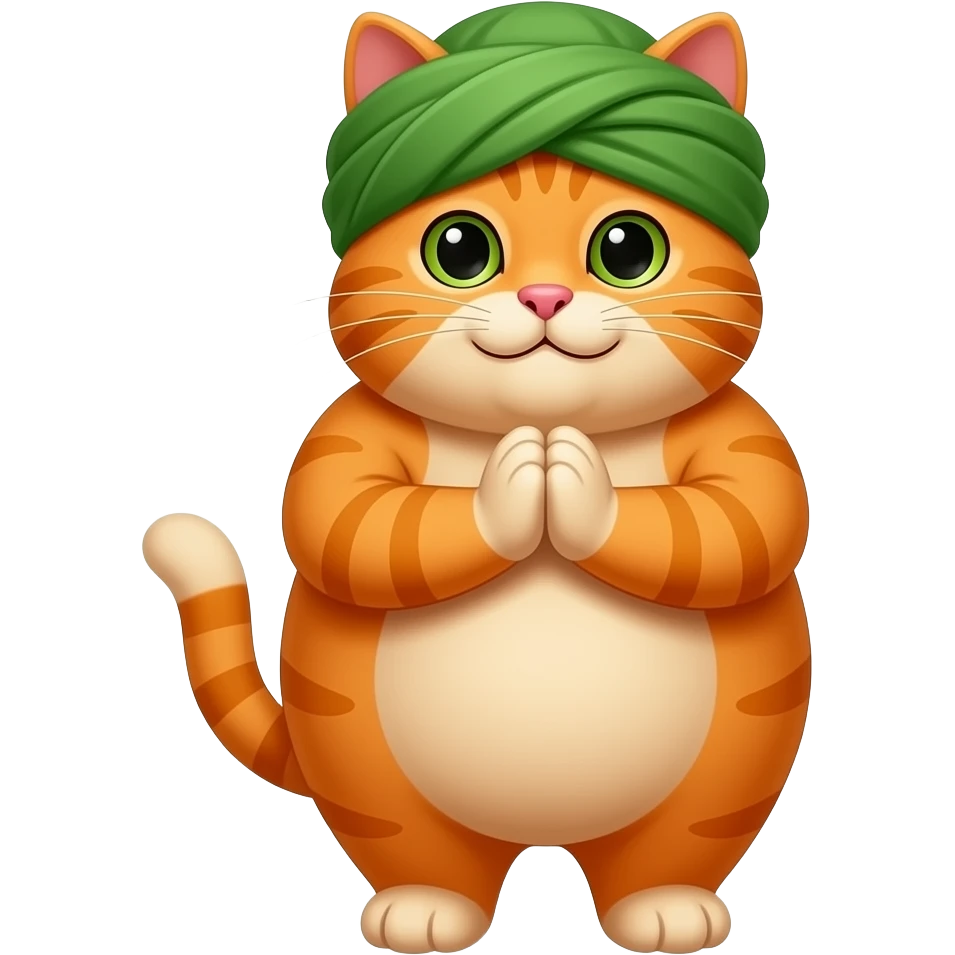 A fat orange cat with a muslim turban joa fat orange cat wearing turban raises both a fat orange cat wearing green turban joins both paws in prayer and says aameen in a speech bubble emoji