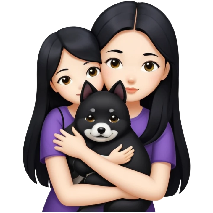A beautiful girl with long black hair hugs a Black Shiba Lnu emoji