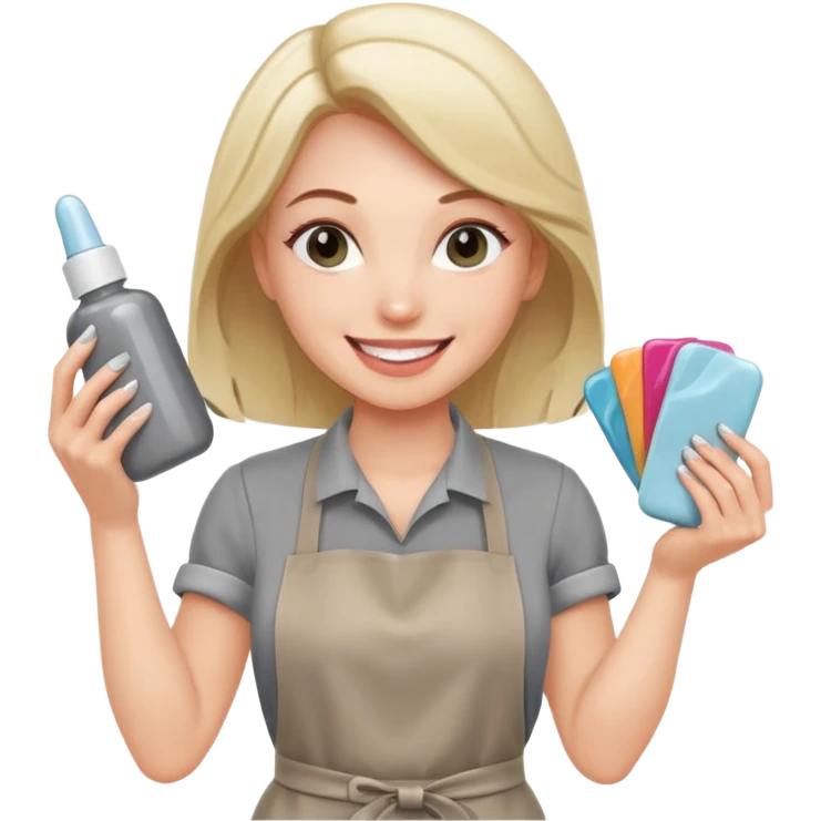female nail master with buff and gel polish in hand in grey apron  emoji