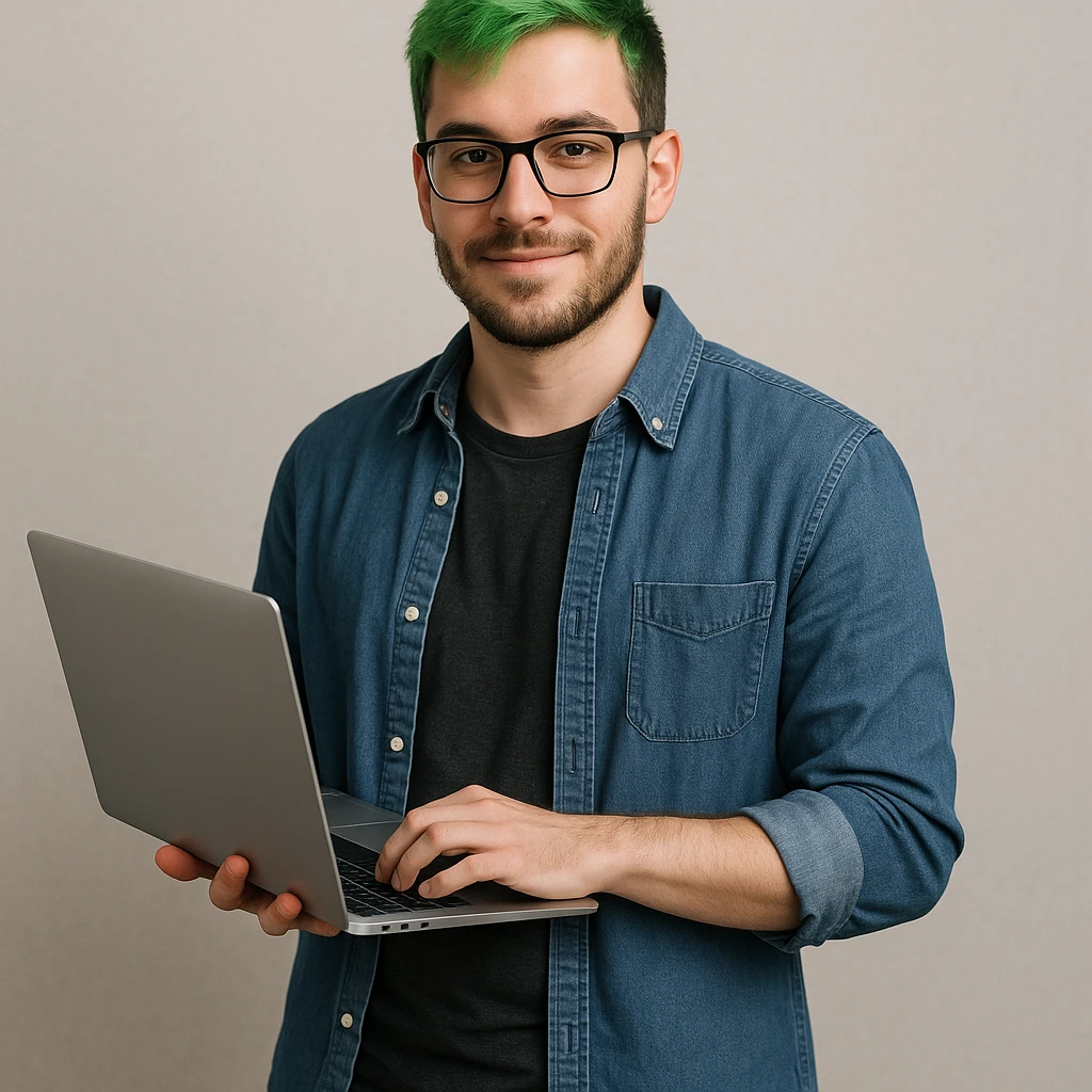 male software developer with green hair, holding a laptop, casual outfit emoji