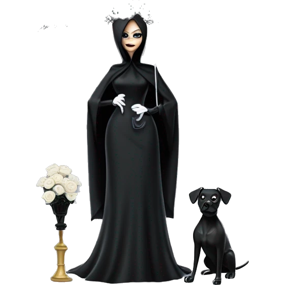 Funeral Barbie,teen Morticia Addams ,drying tears with handkerchief, show full body,accessories  gloves, funeral veil, holding umbrella  emoji