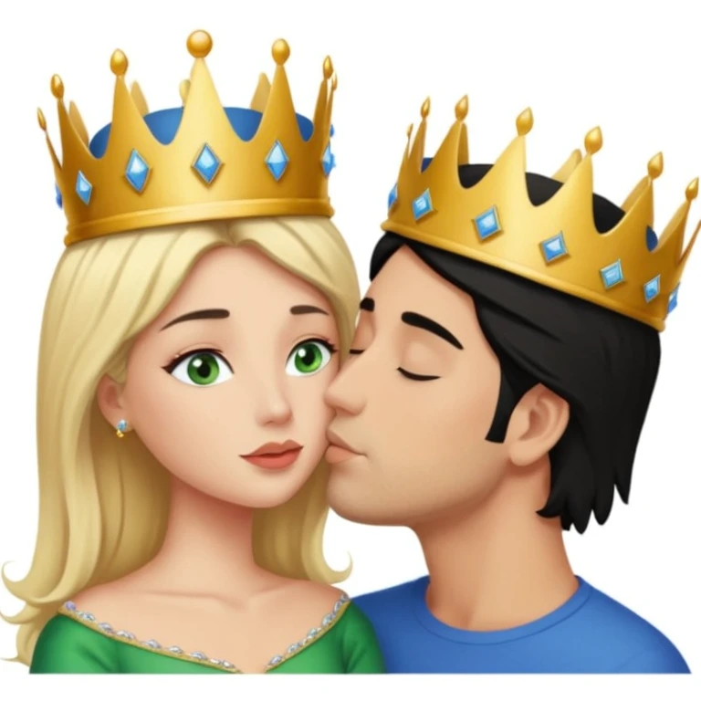 Blonde Queen with crown Green eyes naked kissing Male man without crown black hair blue eyes Background sleeping room  emoji
