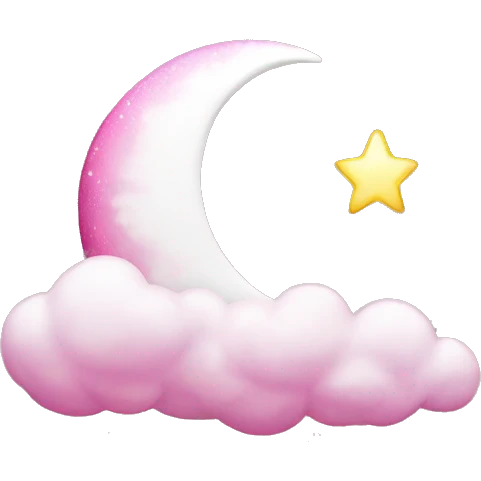 Pink crescent moon with sparkly white clouds emoji