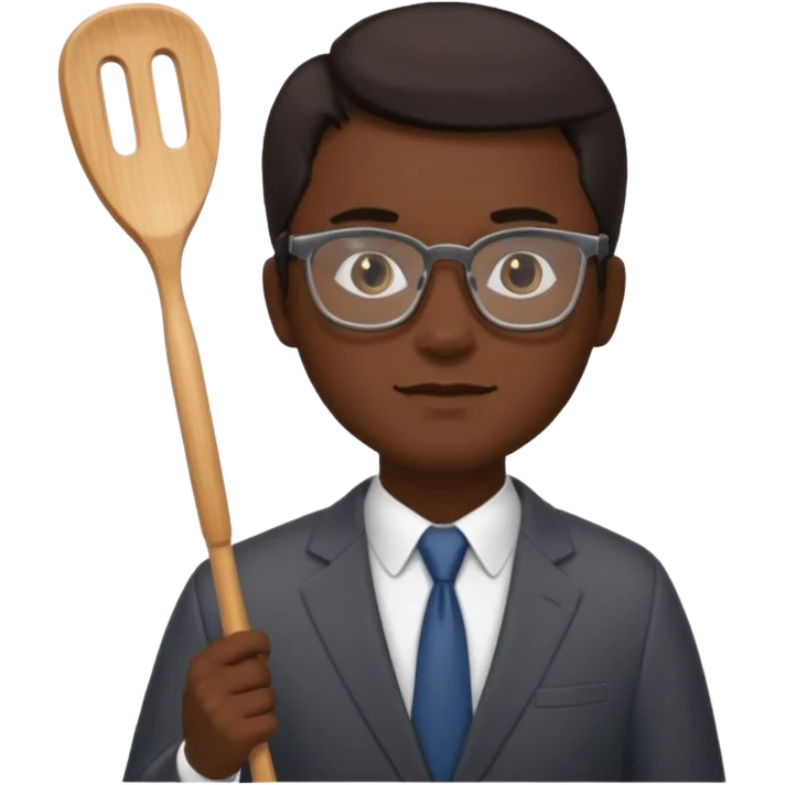 man with glasses dark hair wearing a suit and holding a spatula emoji