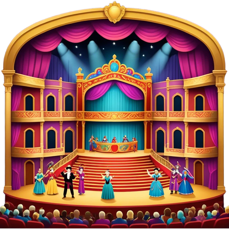 An icon showing a grand theater stage with actors performing in a vibrant play, surrounded by dramatic lighting. The audience watches from colorful balconies, adding to the lively atmosphere. The design captures the magic of live theater, set against a transparent background. emoji