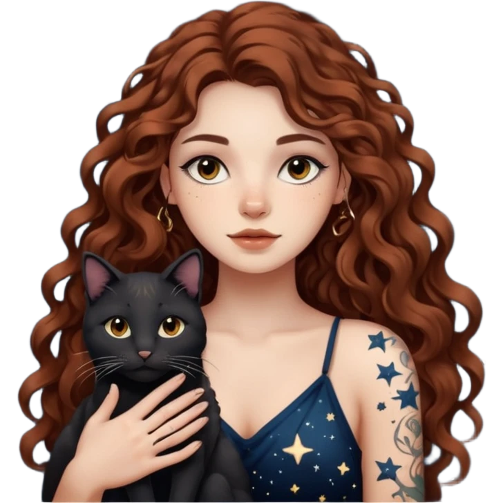 woman with long curly brown hair, brown eyes, white skin, tattoos, black cat made of star constellations beside her emoji