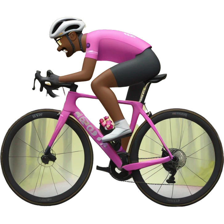 Greg on a grey Cervelo bravo, bike wearing a yellow jersey with Lori on a gray Cervelo gravel bike, wearing pink and riding in a forest emoji