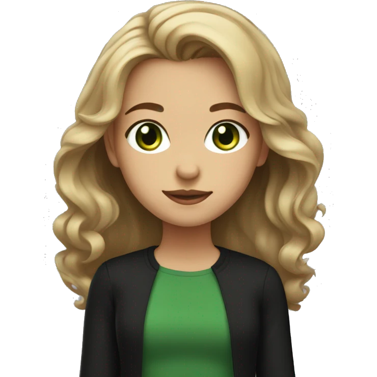 Green eyed girl with black shirt, light brown wavy middle part hair  emoji