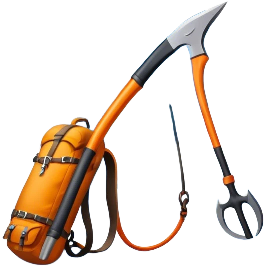 Icon for Mountain Tourism and Climbing: a mountain peak in the background, an ice axe, and climbing gear. The icon should capture the adventure and challenge of alpine exploration. Transparent background. emoji