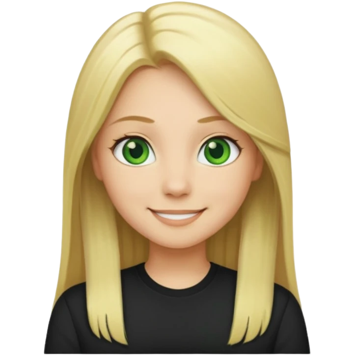 Long straight blonde hair with green eyes and black shirt smiling emoji