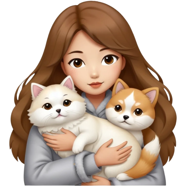 A Chinese fashion girl with brown hair, wearing a light gray fur coat, hugging a Shiba Inu and a long-haired white Persian cat. emoji