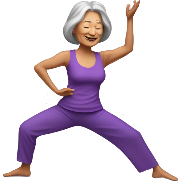 Long hair Asian senior woman in purple yoga cloth dancing Zumba emoji