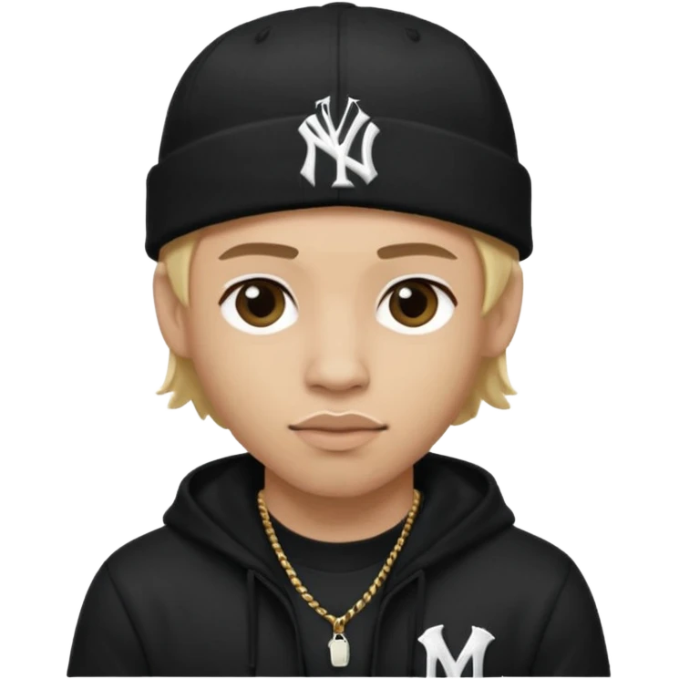 rapper da trắng, tóc vàng, full đen, có mũ len hãng MLB, đẹp trai
 emoji