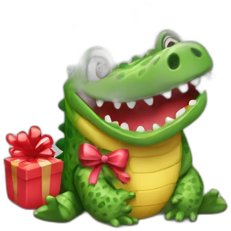 a happy crocodiles with hearts holding a present emoji