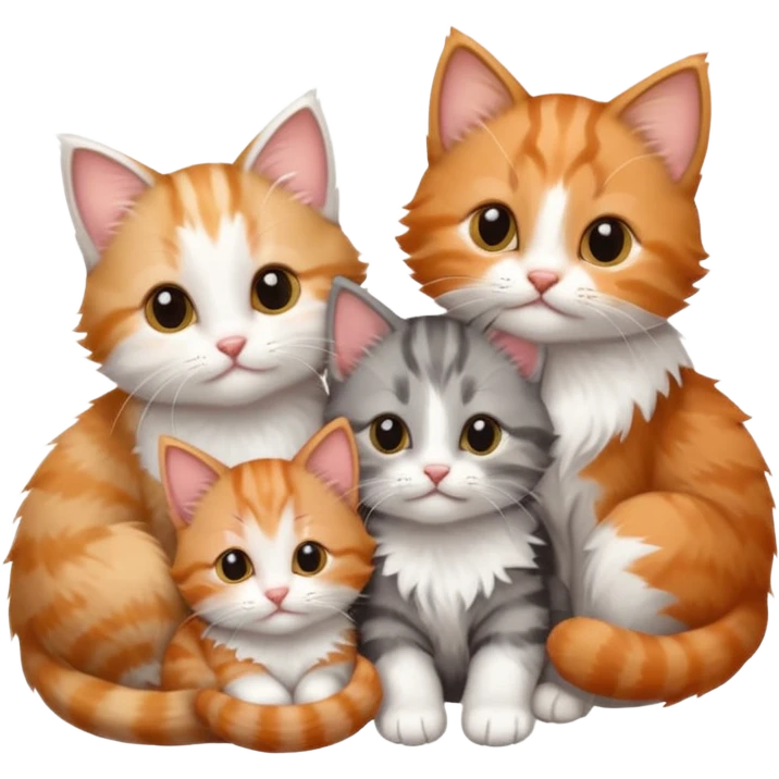 3 tiny kittens cuddling together all different colours, the first one is grey and white, the second is ginger and white and the third is brown tabby and white emoji