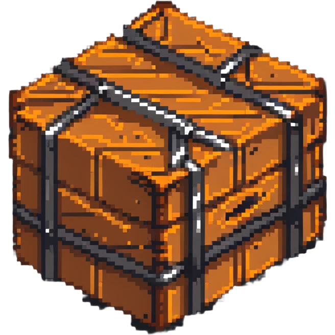 wooden crate with metal bands, orange brown color scheme, breakable box, 32x32 game asset emoji