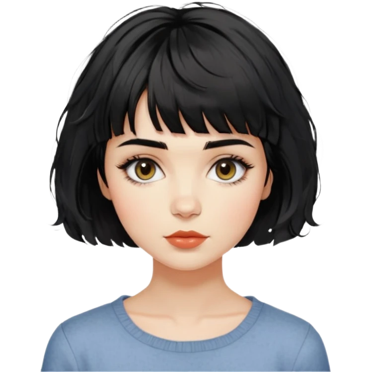 Gorgeous french woman short french haircut tousled textured messy wavy hair short straight-across blunt baby bangs black hair Amelie elegant woman with beautiful hair aesthetic neutral color shirt emoji