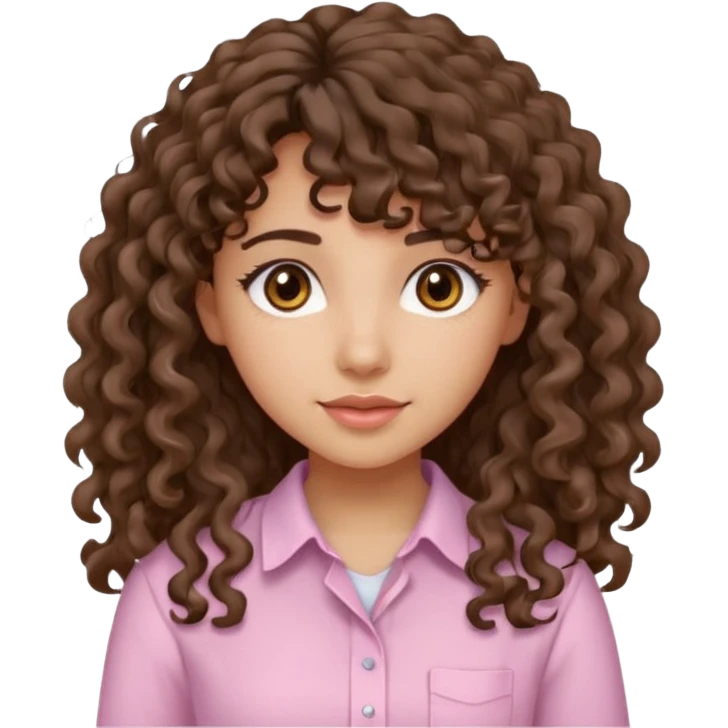 A Latina girl with brown eyes and long loose curly hair with curly bangs with a light pink shirt emoji