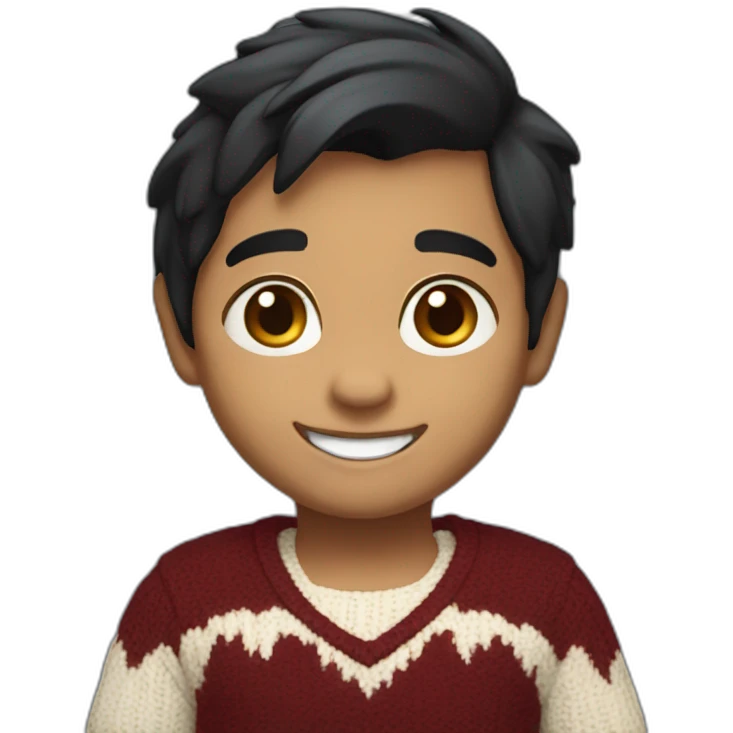 smiling and pointing 3 years old white skin indian with black hair wearing a dark red sweater emoji