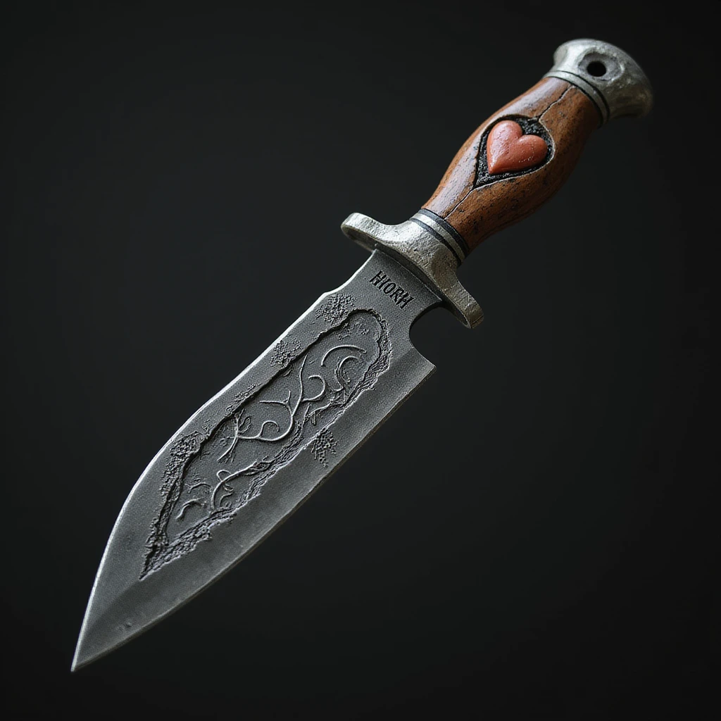 realistic gothic knife, with a heart motif, photorealistic style, no background emoji