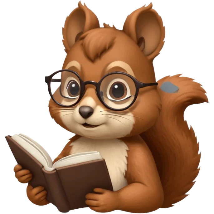 a squirrel with glasses, reading a book and looking thoughtful emoji