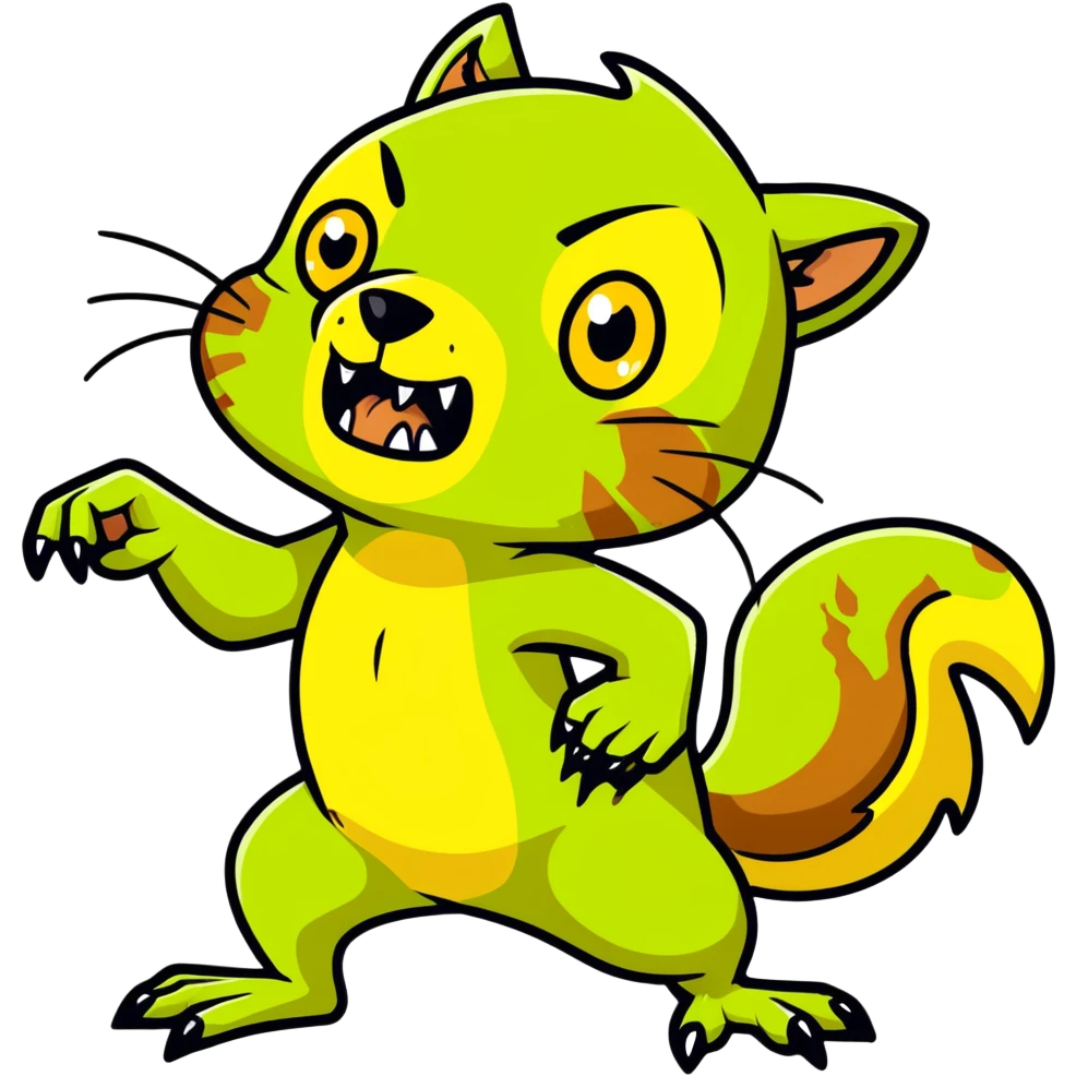 undead zombie squirrel, yellow green empty eyes, rotting, evil, chaotic, full body, angry attack emoji