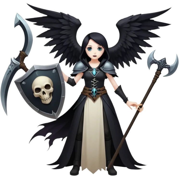 Necromancer girl with wings, a scythe and shield, in front of a dead mage emoji