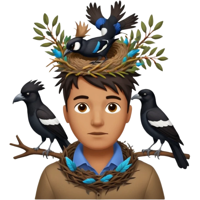 A man who has an Australian magpie, birds nest on top of his head for hair emoji