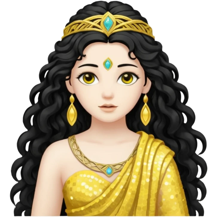Libera, Goddess of Labyrinth from Roman Deities with long jet black wavy hair, yellow sequin toga  emoji