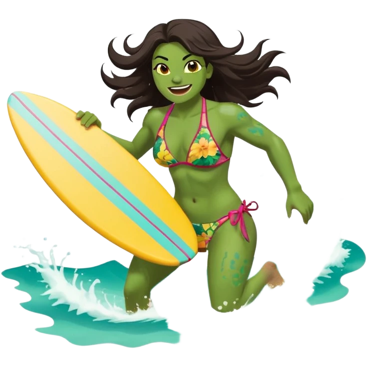 ork female holding small yellow bodyboard, running through shallow turquoise waves, muscular green body, bright floral bikini, fierce joyful grin showing tusks, long wet dark hair splashing, foam and spray, minimalist beach and ocean background, centered emoji, vibrant summer colors, sticker style emoji