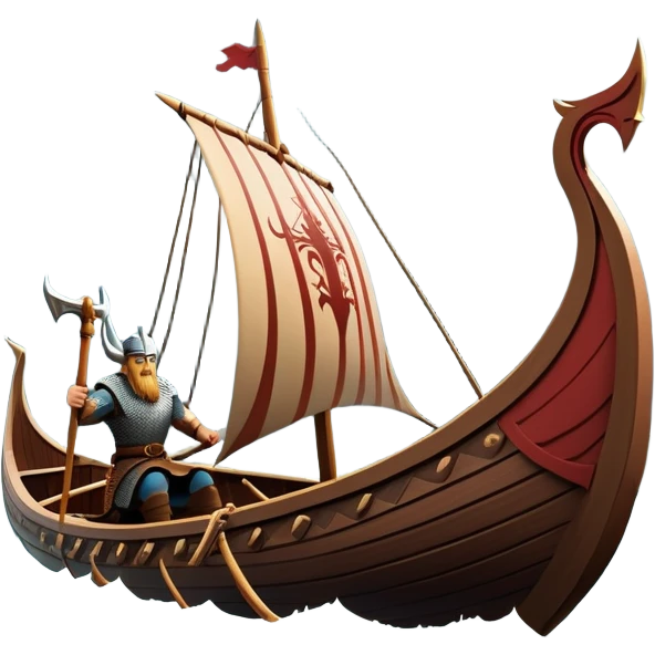 clash-of-clans-aesthetic_-cinematic-viking-longboat, rendered in a flat, bold vector style with minimal shading, featuring a striking dragon-headed prow slicing through waters. shields on the side and vikings rowing The longboat’s, the boat has carved motifs evoke a sense of epic adventure and Nordic might, with billowing sails catching a dramatic, stormy sky backdrop. emoji