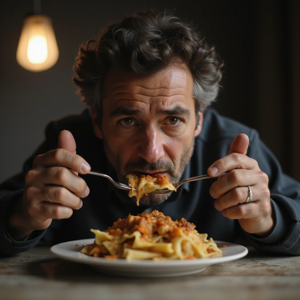 uomo di circa 20 anni, triste, che mangia un piatto di pasta, espressione triste, iperrealismo 4K, variazione 9 emoji