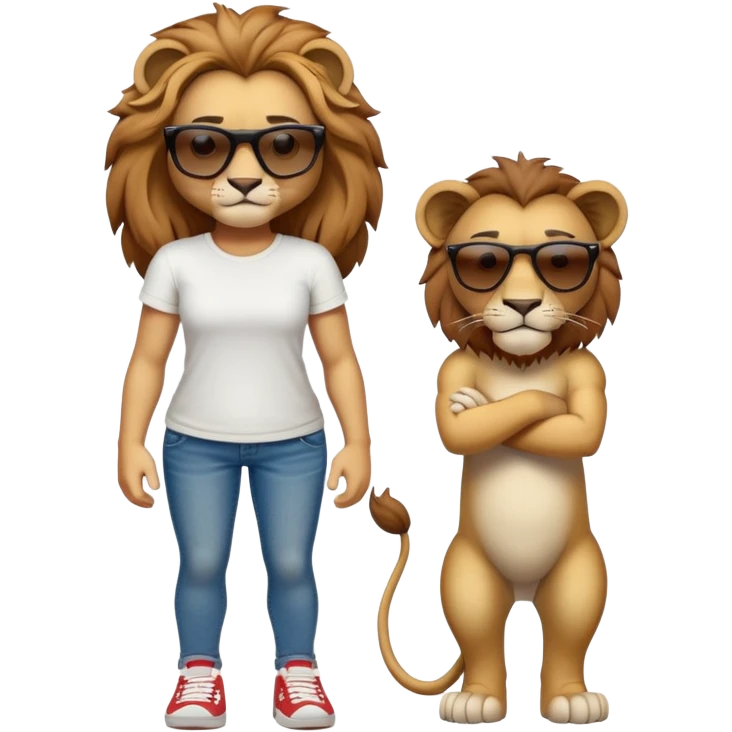 friendly anthropomorphised female lion, full body, standing confidently with legs shoulder width apart, arms folded, wearing jeans, white t-shirt, dark sunglasses, trainers, determined expression emoji