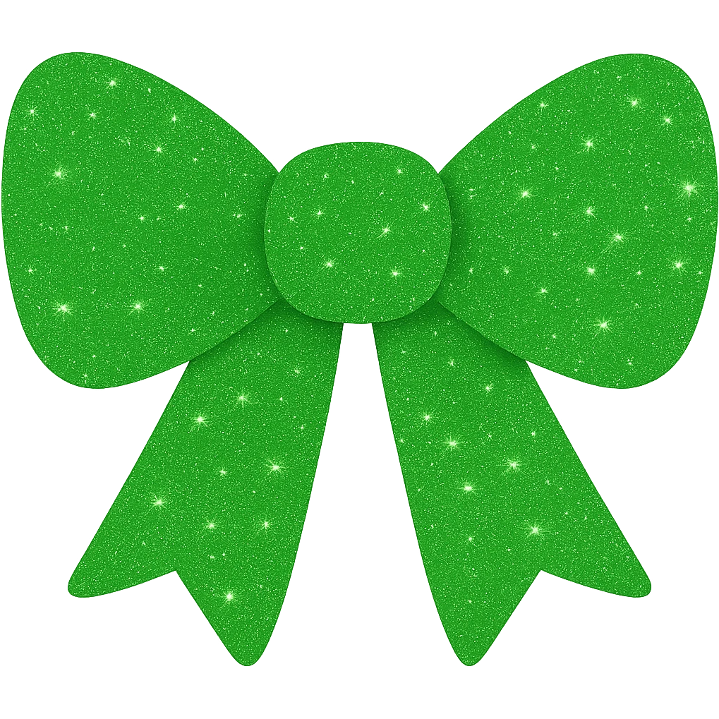 Make the decorative bow green and covered in glitter, shiny and vibrant, no background. The style should be shiny and vibrant with green glitter covering the bow. emoji