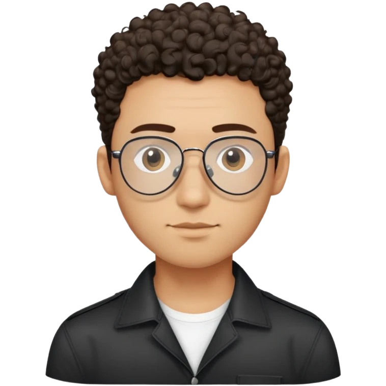 Man with small face and prominent forehead, teardrop-shaped aviator glasses, totally shaved sides with very minimal dark curly hair only on top, light brown complexion, gentle expression, black button-up shirt emoji