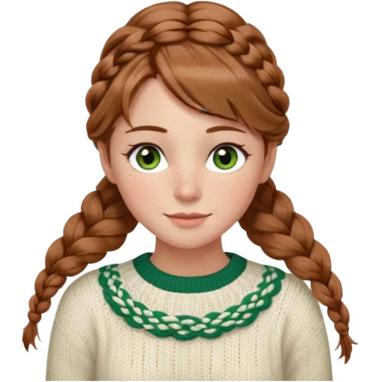 light brown hair hazel/green eyes woman with a white cable knit sweater and one braid down her back  with tendrils of hair flowing down her face and she is happy pale, some freckles, blush. she has a cateye wing and long lashes emoji