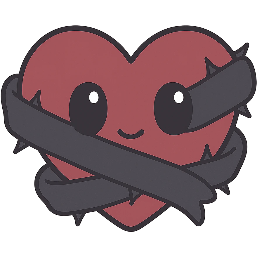 kawaii heart emoji wrapped in black silk ribbon with thorns piercing slightly through, no text, quiet possession, subdued and symbolic, cold romantic tone, muted color palette of gray and deep red, suitable for discord icon size emoji