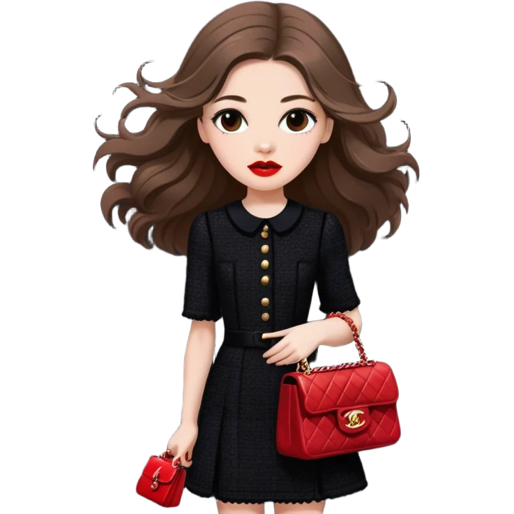 White girl with brown long hair dressed up in black chanel tweed dress with a red chanel bag and red lipstick. Close up with wind blowing her hair looking fancy emoji