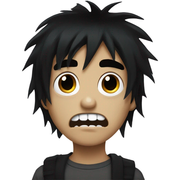 Boy, black hair, medium long, emo, shaggy, zombie, dark, spooky, creepy expression emoji